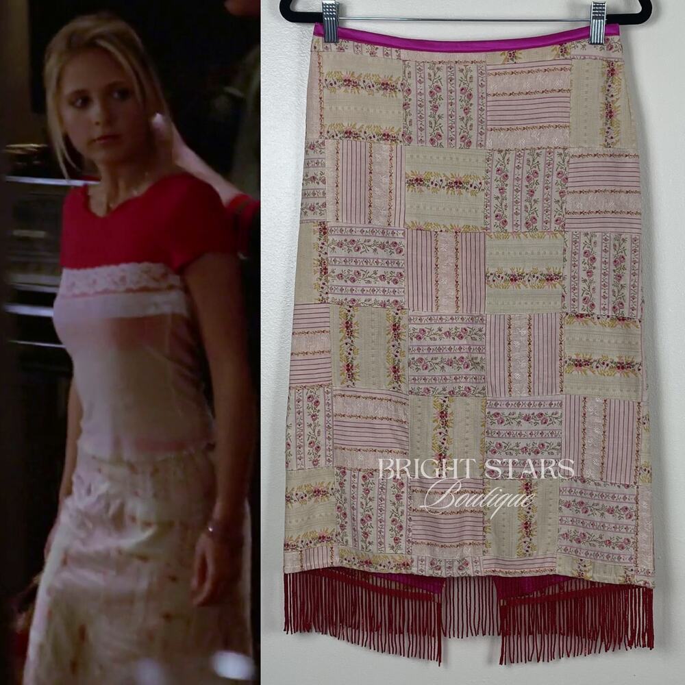 Rare Patchwork Pencil Skirt ASO Buffy the Vampire Slayer Vintage Pink Beaded Y2K
